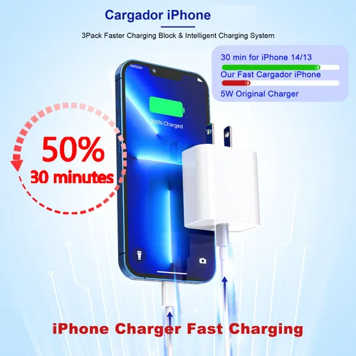 Miniatura 2 de Cable de carga rápida para iPhone [certificado MFi de Apple], paquete de 3 cables de carga de teléfono de 20 W, bloque de cargador USB C