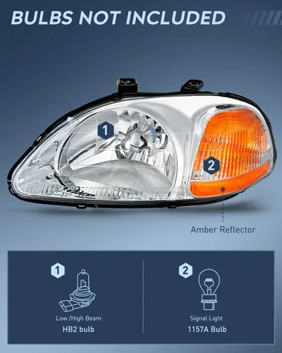 Miniatura 2 de Nilight - Conjunto de faros delanteros compatibles con Honda Civic 1996 1997 1998, reemplazo de faros delanteros, carcasa cromada, reflector ámbar