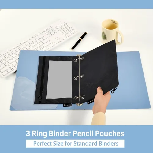 Miniatura 5 de Gredecor Estuche para lápices con 3 anillos con cremallera negra, paquete de 2 unidades, organizador de carpetas transparentes para ventana escolar