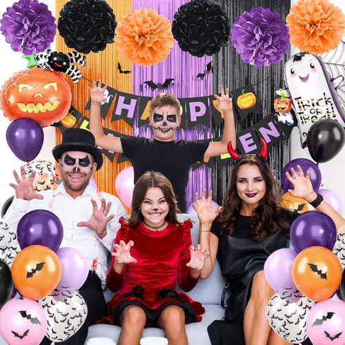 Miniatura 8 de Juego de decoraciones de fiesta morado, negro y naranja, kit de decoraciones de Halloween que incluye pancarta HAPPY HALLOWEEN, globos de papel