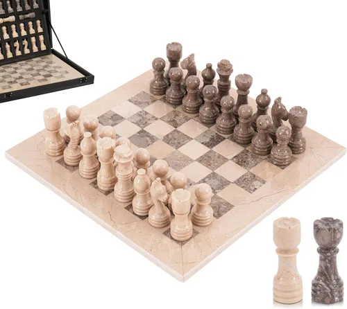 Miniatura 9 de Juego de ajedrez de mármol de 12 pulgadas hecho a mano coral y marrón oscuro con caja de almacenamiento, juego de ajedrez de viaje clásico