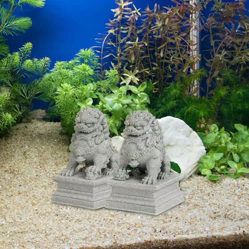 Miniatura 5 de 2 piezas de mini estatuas de león de piedra, decoración de acuario, decoración china de Feng Shui, adorno de pecera, figuras de león para gabinete