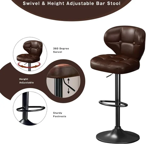 Miniatura 4 de Juego de 2 taburetes de bar, taburetes de bar giratorios ajustables, moderna silla de bar tapizada de piel sintética con respaldo y reposapiés