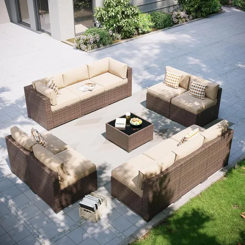 Miniatura 38 de Aoxun Juego de muebles de patio, 7 piezas de sofás seccionales para exteriores con funda impermeable, mimbre de ratán para exteriores, juego