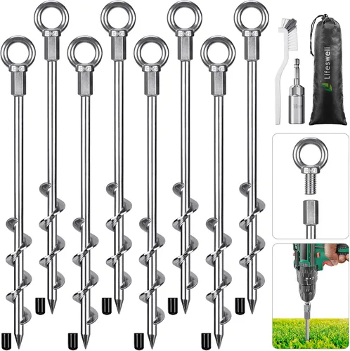 Miniatura 14 de Paquete de 4 estacas para tienda, anclajes de tierra resistentes de 16 pulgadas, soldadura completa, fáciles de atornillar y reutilizables, para E.