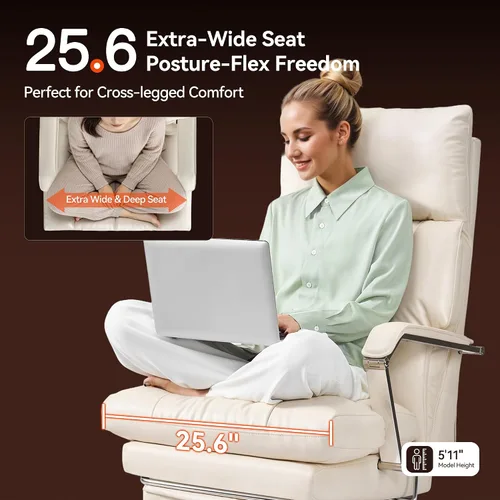 Miniatura 4 de OKUP M76 - Silla de oficina ejecutiva reclinable de 160° con reposapiés, silla de oficina de cuero con profundidad de asiento ajustable, cojín Crema