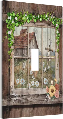 Miniatura 53 de Placa Cubierta de Interruptor de Luz de Palanca Individual con Diseño de Flor Botánica en Tablero de Madera Rústico Estilo Granja - Placa de Pared
