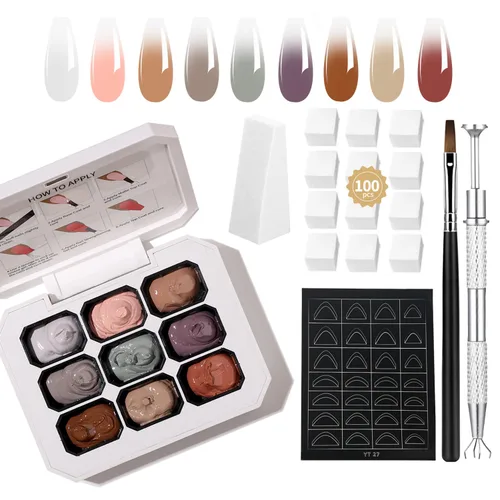Miniatura 12 de Finger Secret - Juego de 9 colores de esmalte de uñas de gel Ombre Pat, paleta de esmaltes de gel con 20 esponjas de uñas para arte de uñas de gel