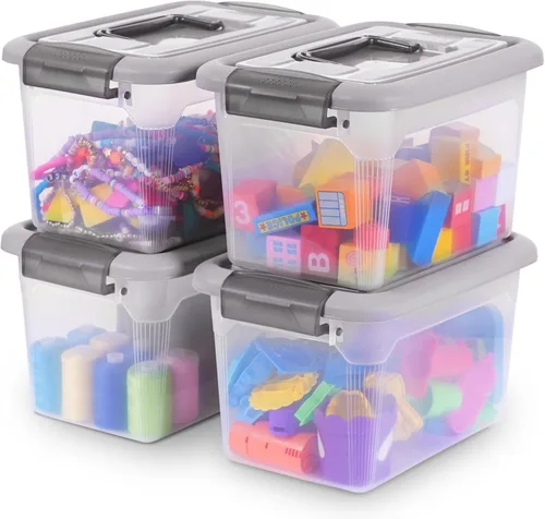 Miniatura 14 de Citylife - Paquete de 4 cubos de almacenamiento de 5.3 cuartos de galón con tapas, contenedores de plástico transparente con mango gris