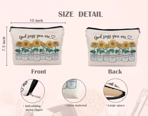 Miniatura 4 de Regalos inspiradores de girasoles con texto en inglés "God says you are alenting", bolsa de maquillaje, bolsa de cosméticos, bolsa con cremallera