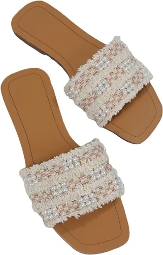 GORGLITTER Sandalias planas de verano para mujer, diseño de perlas sintéticas, diseño de bloques de color, decoración de piel