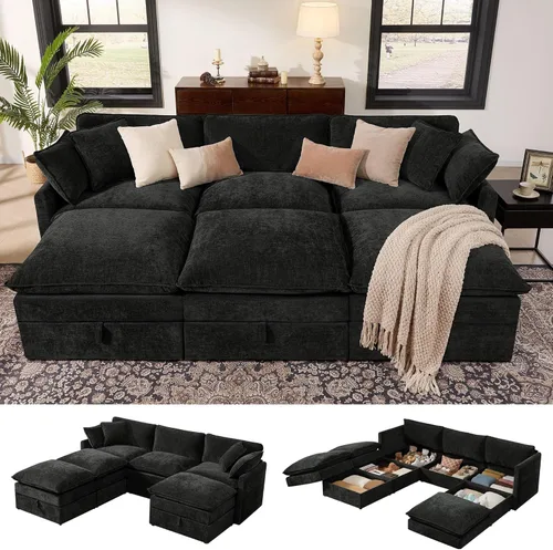 Miniatura 16 de Ihanherry Sofá cama modular de gran tamaño con almacenamiento, sofá nube modular de 6 plazas de 103 pulgadas con otomanas móviles, sofás de felpilla