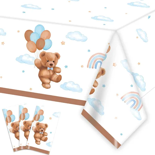 Caisehabu 3 manteles de plástico para baby shower, con diseño de oso de peluche, estilo bohemio marrón y azul, suministros para decoración de fiesta