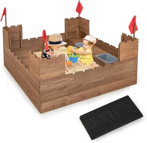 Costzon Caja de arena para niños, pozo de arena de madera de cedro de 45 x 45 pulgadas con asientos de banco integrados, cajas de almacenamiento,
