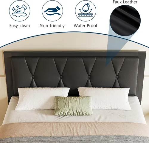 Miniatura 4 de GalnFu Base de cama de tamaño matrimonial con cabecera capitoné con botones, plataforma tapizada de piel sintética, marco de cama de metal