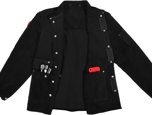 Miniatura 2 de Chaqueta de soldadura de cuero negro, chaquetas de seguridad de trabajo de cuero de vacuno dividido FR resistente, chaquetas de soldador
