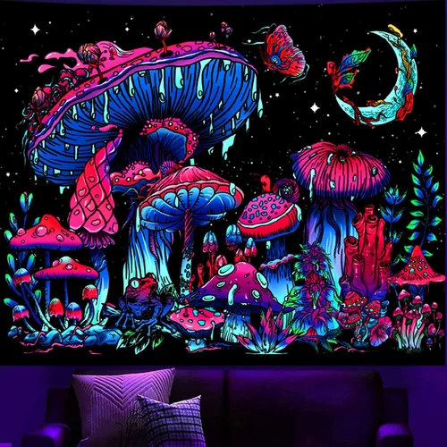 Miniatura 2 de TUGCAY Tapiz de hongos con luz negra, que brilla en la oscuridad, tapiz de plantas con luz negra, fantasía, hongo, mariposa, luna, reactivo a