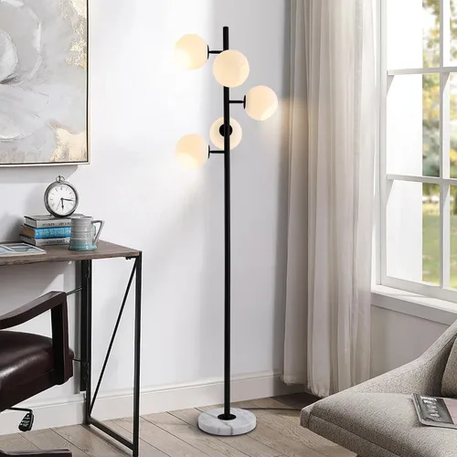 Miniatura 5 de KCO Lighting Five Globe - Lámpara de pie moderna de mediados de siglo, pantalla de vidrio de leche, acabado negro, base de mármol para sala de estar