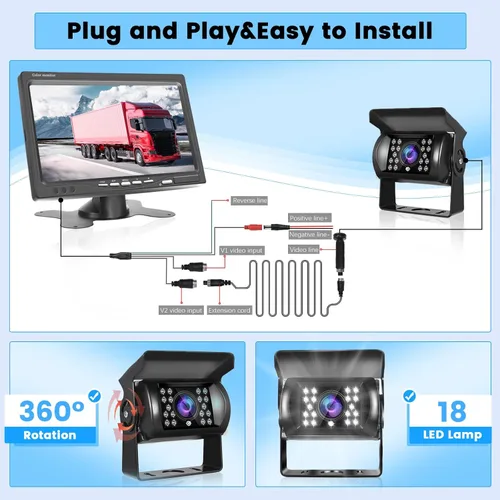 Miniatura 2 de Hikity Kit de monitor de cámara de respaldo de vehículo de 7 pulgadas, 18 infrarrojos de visión nocturna, impermeable, cámara de visión trasera