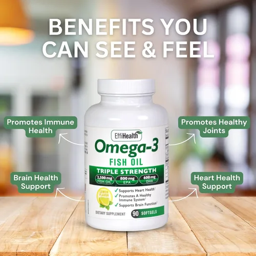 Miniatura 5 de EffiHealth - Aceite de pescado Omega-3 - Aceite de pescado de triple fuerza de 2500 mg, 1200 mg de EPA, 600 mg de DHA - Apoya la salud del corazón