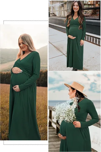 Miniatura 2 de OUGES Vestido largo de manga larga con cuello en V para mujer, con bolsillos, ropa de maternidad, vestidos de lactancia