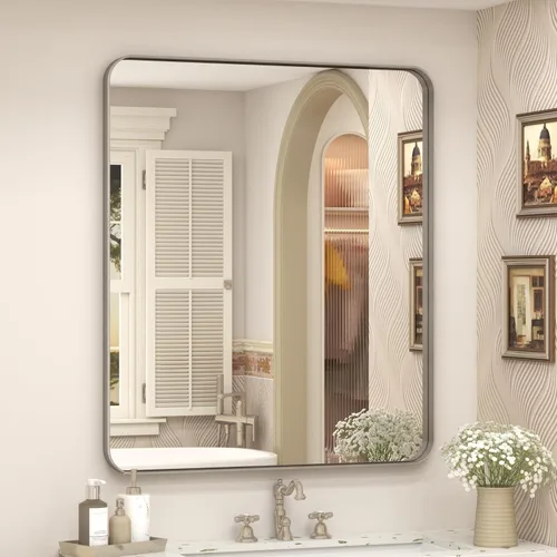 Miniatura 72 de Paquete de 2 espejos de baño con marco de metal negro de 22 x 30 pulgadas, espejo rectangular redondeado negro mate, antioxidante, se cuelga