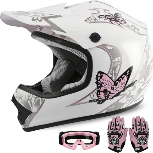 Juego de casco DOT con gafas y guantes para motocross, cuatrimoto y vehículos todoterreno para niños y jóvenes, diseño de mariposa rosada, talla M