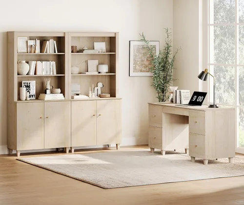 Miniatura 6 de WAMPAT - Escritorio de madera de 58 pulgadas con 4 cajones profundos y estación de carga, roble claro Modern Executive Desk with Keyboard Storage