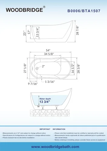 Miniatura 6 de WOODBRIDGE Bañera de remojo acílica blanca independiente de 54 pulgadas con desagüe y desbordamiento negro mate, negro, B1807-MB