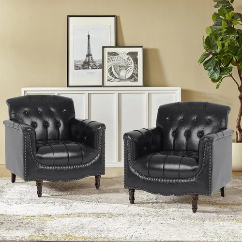 Miniatura 11 de Pia Ricco Silla decorativa moderna copetuda, sillón individual de piel sintética con ribete de cabeza de clavo y patas de madera, cómodo asiento