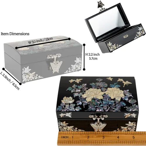 Miniatura 7 de February Mountain Caja pequeña de joyería de nácar con tapa de espejo, organizador de almacenamiento de joyas para aretes, collares, anillos