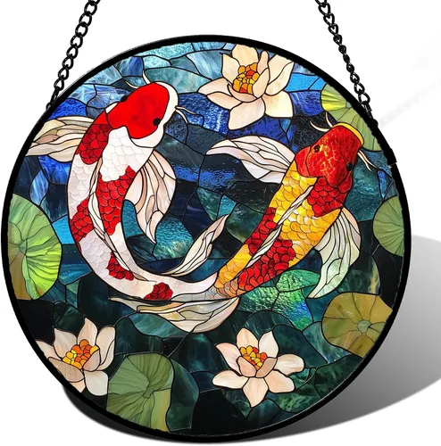 Colgador de vitrales para colgar en ventanas, Koi y Lotus para puerta, decoración del hogar, atrapasoles de peces, Navidad, Día de la Madre, regalos