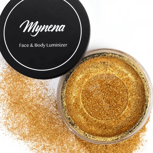 Mynena - Resaltador de polvo suelto dorado cálido | Brillo facial y corporal para construir | Maquillaje ligero y radiante para aplicación húmeda o