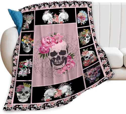 Manta de calavera de azúcar, súper suave y cálida, manta de esqueleto de terror con rosas para mujeres, acogedora manta de forro polar de felpa para