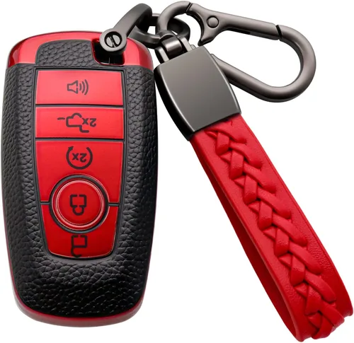 Funda para llavero Ford de TPU suave con llavero de cuero, funda protectora completa compatible con Ford Explorer Mustang Fusion Escape F150 F250