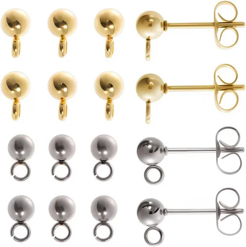 Miniatura 10 de SUNNYCLUE 1 caja, 80 unidades, 20 pares de aretes de bola, aretes de acero inoxidable 304 con lazo de 0.157 pulgadas para hacer joyas, accesorios