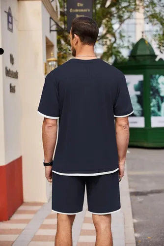 Miniatura 60 de COOFANDY Conjunto de camisa y pantalones cortos de gofre para hombre, conjunto de 2 piezas, conjunto casual de verano con bolsillos