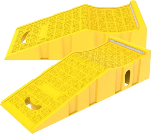 Paquete de 2 rampas amarillas extra pesadas de 35 pulgadas de largo x 13 pulgadas de ancho x 8 pulgadas de alto, tope de rueda doble duradero,