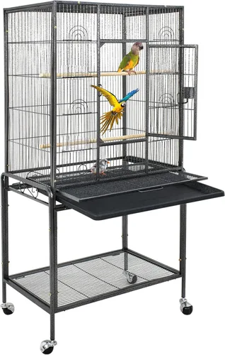 ZENY Jaula de vuelo para pájaros de 53 pulgadas, de hierro forjado, grande con soporte rodante para cacatúas, loros, periquitos, agapornis, Negro