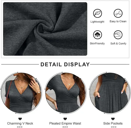 Miniatura 5 de CATHY - Vestido largo de manga corta y con cuello en V pronunciado para mujer, estilo casual, sensual, cintura plisada y con bolsillos