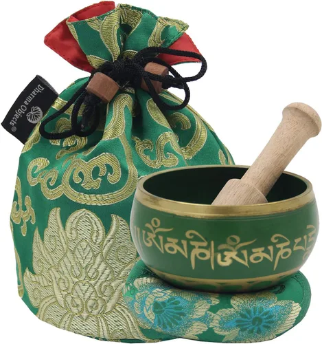 Miniatura 8 de DharmaObjects ~ Juego de cuencos tibetanos OM con mazo, cojín de brocado y bolsa de transporte ~ para meditación, curación de chakras, oración, yoga