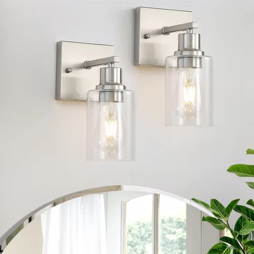 Miniatura 8 de Lámparas de tocador de baño de 3 luces, apliques de pared negro mate con pantallas de vidrio transparente, iluminación de pared moderna de granja