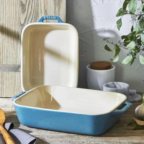 Miniatura 4 de Staub Juego de platos rectangulares de cerámica para hornear, cazuela, 2 piezas, turquesa rústico