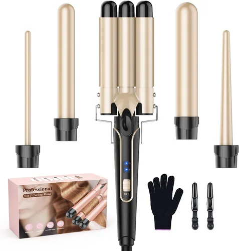 Ondulador de rizador de pelo - BESTOPE PRO juego de varita rizadora 5 en 1 con rizador de pelo de 3 barriles para mujeres, rizador de pelo de Dorado