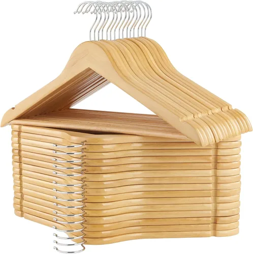 Miniatura 8 de Perchas de madera, paquete de 20 perchas con acabado extra suave, muescas cortadas con precisión y gancho giratorio cromado, perchas de madera