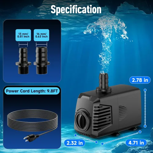 Miniatura 7 de POPOSOAP Bomba de agua sumergible de 200 GPH, fuente de agua (700 L/H, 12 W) con elevación de alta elevación ajustable de 5.9 pies y 3 boquillas