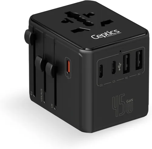 Ceptics Adaptador de viaje universal 8 en 1 para la UE, Reino Unido, EE. UU., AU y más, adaptador de viaje mundial, 2X enchufe de EE. UU., enchufe