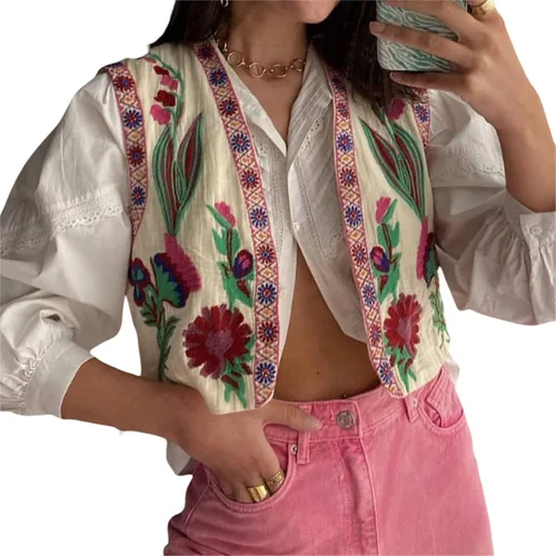 KMBANGI Chaleco bordado para mujer, chaleco con estampado floral vintage Y2K, frente abierto, flores, sin mangas, cárdigan