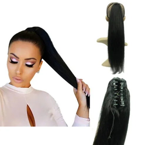 Miniatura 5 de Remeehi Extensiones de cabello humano 100% real, cola de caballo, extensiones de cabello lacio con clip de garra, 15 pulgadas