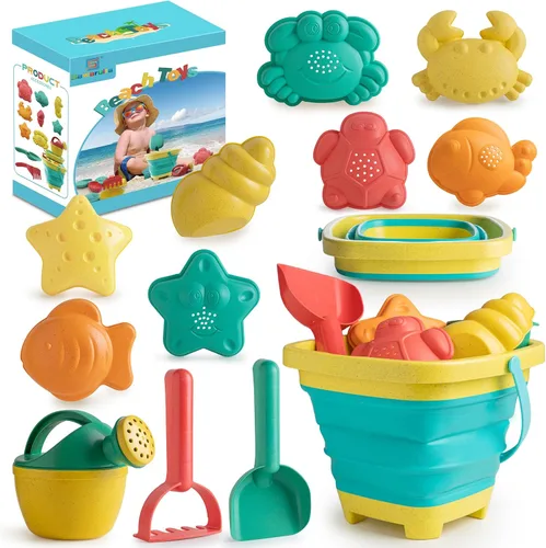 Juguetes de playa para niños, el juego de juguetes de arena incluye pala de cubo de arena plegable y rastrillo de arena para playa, 12 piezas,